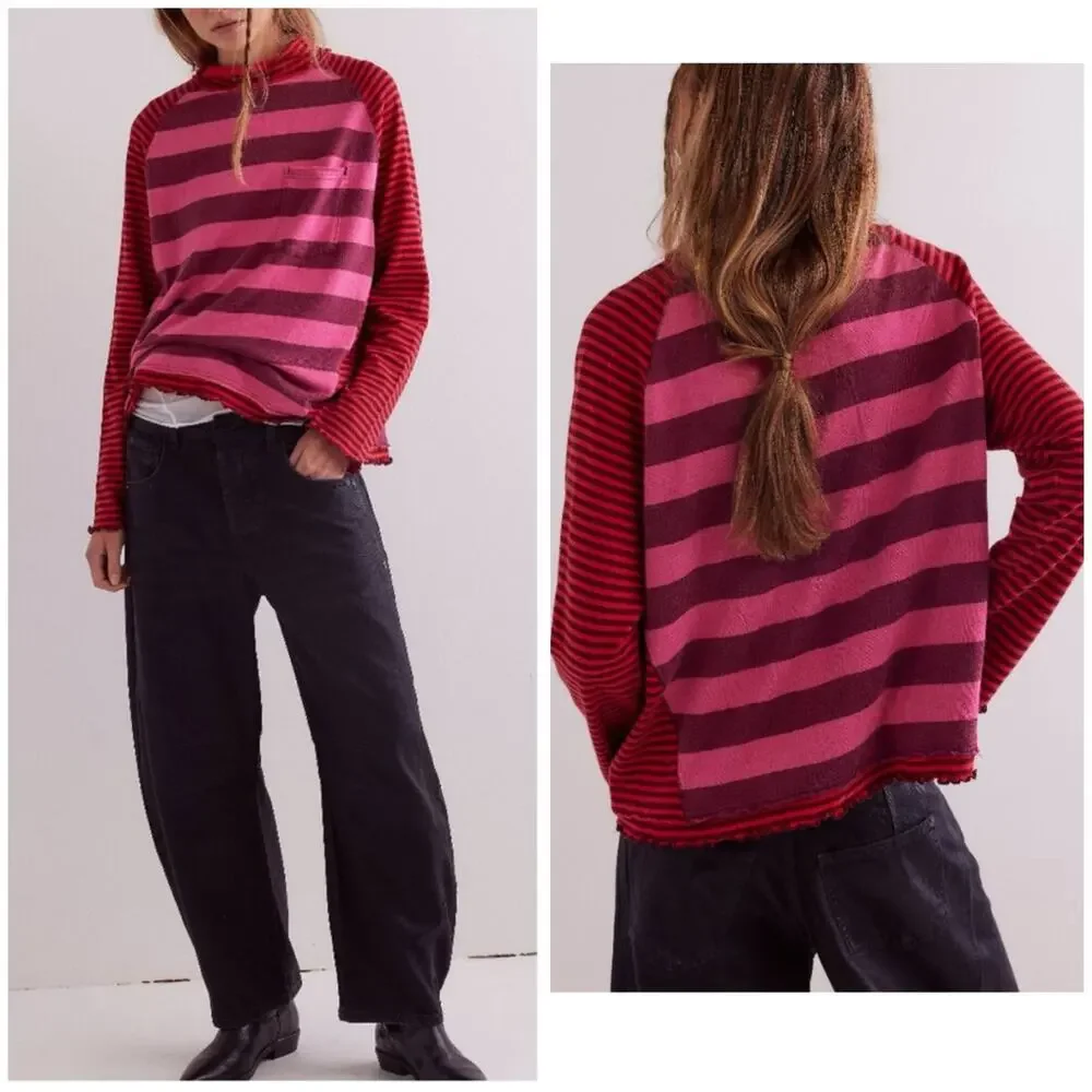 Free People We The Free Punk Playful Tee Size Medium Pink Red Stripes Emo